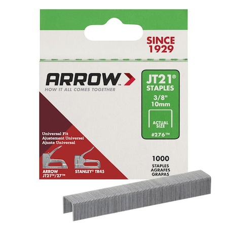 Arrow Fastener Light Duty Staples, 23 ga, Wide Crown, 3/8 in Leg L, Steel 276